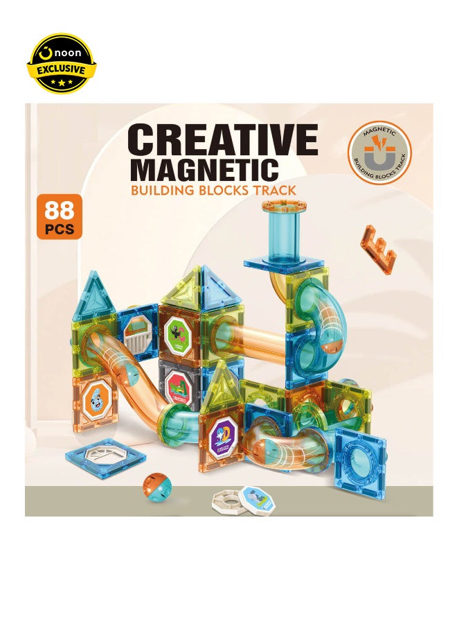 Magni Mates Creative Magnetic Building Blocks Track Set 88 Pieces – DIY Magnetic Tiles with Ball Run Tubes for Kids STEM Learning, Construction Play and Creative Building - Image 1